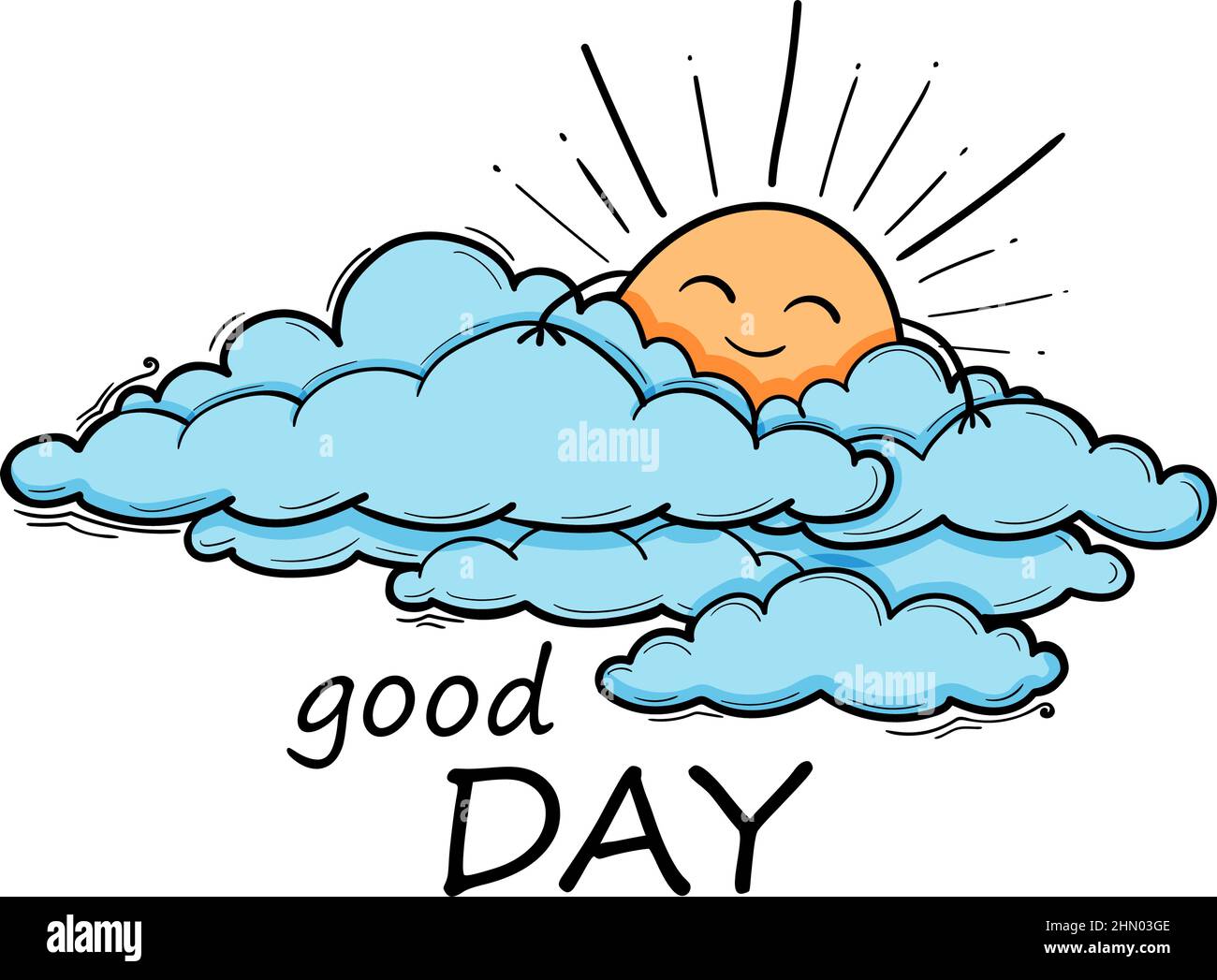 Sun and Cloud kids drawing for nursery in cartoon outline style. Boy blue vector illustration isolated on white Stock Vector