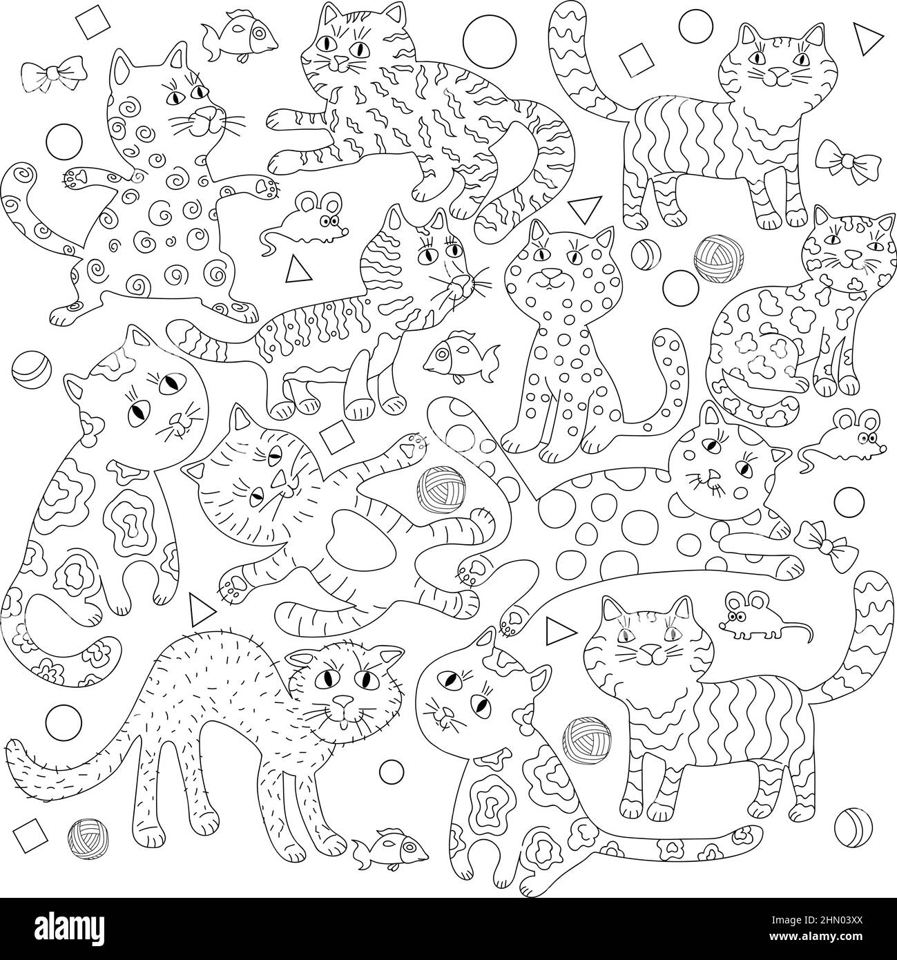Outlined doodle anti-stress coloring page cute cats. Coloring book page for adults and children Stock Vector