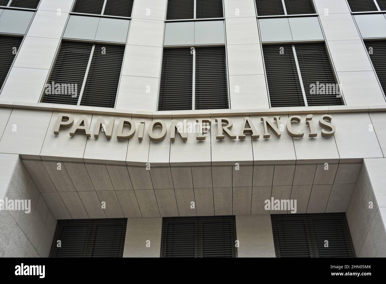 Pandion Francis is a modern office building with a natural stone facade in downtown Düsseldorf, Germany. It was completed in 2021 and has 14 floors. Stock Photo