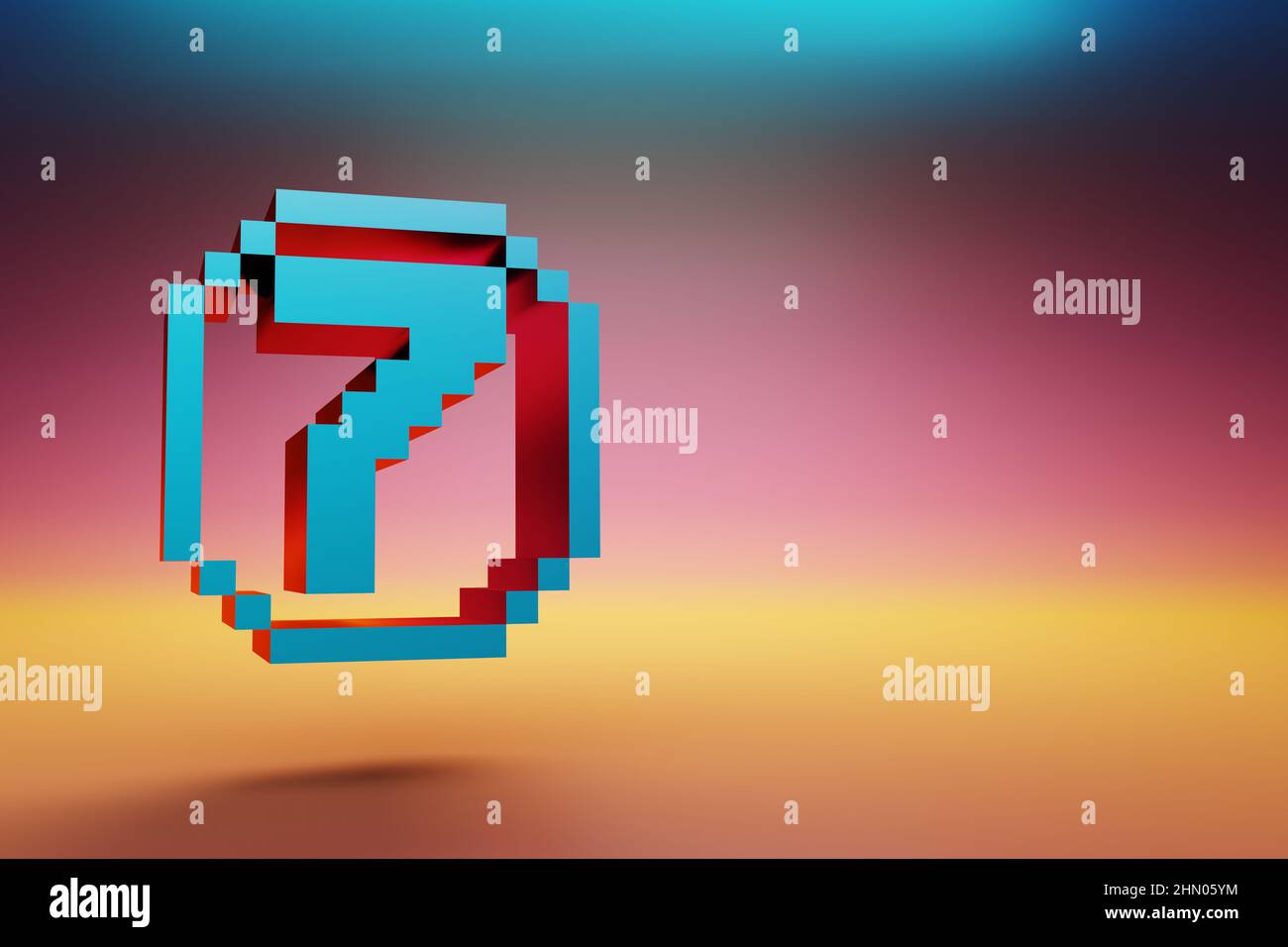 Pixel number 7. Beautiful Blue Seven icons symbol on multicolor bright ...