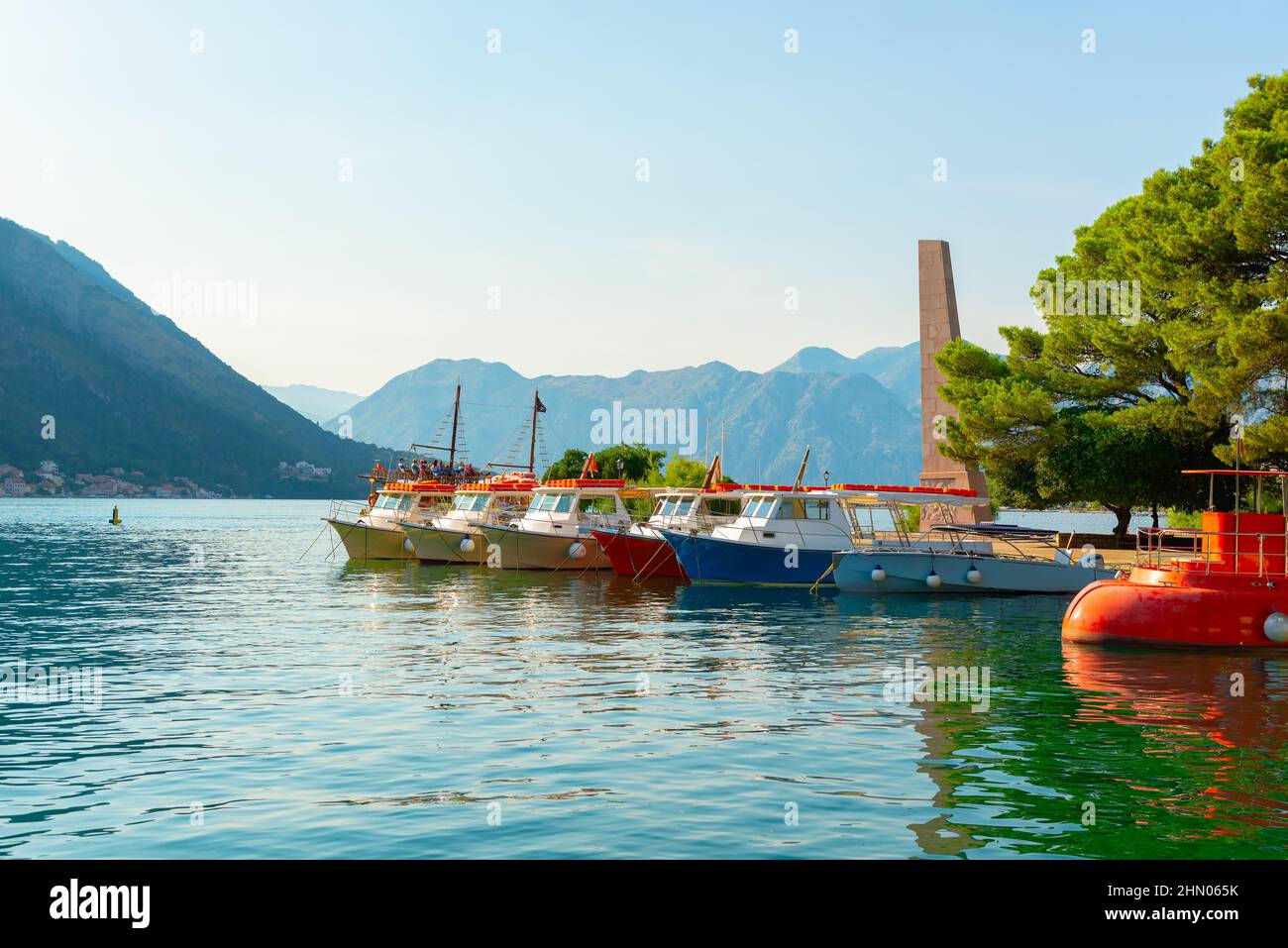 View Lovcen mountain from Bay of Kotor and Kotor town Stock Photo