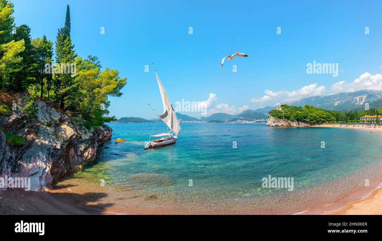Famous sandy beach Milocer in Montenegro near Sveti Stefan Stock Photo
