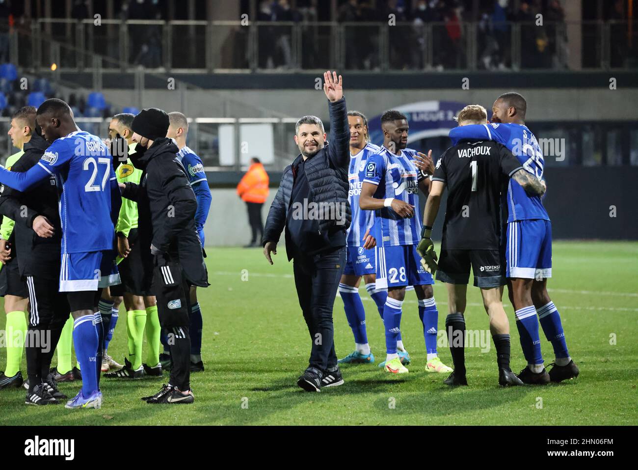 Romain Revelli coach Dunkerque after victory team during the French championship Ligue 2 football match between USL Dunkerque and Rodez AF on February 12, 2022 at Marcel Tribut stadium in Dunkerque, France - Photo: Laurent Sanson/DPPI/LiveMedia Stock Photo