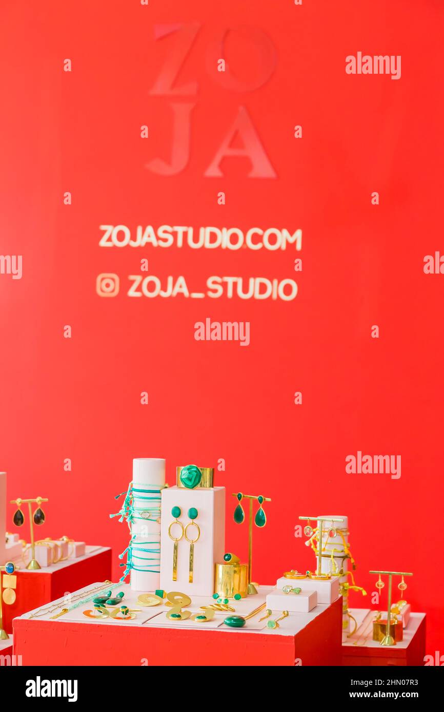 Accessories on display at an exhibitor stand at a handmade design fair