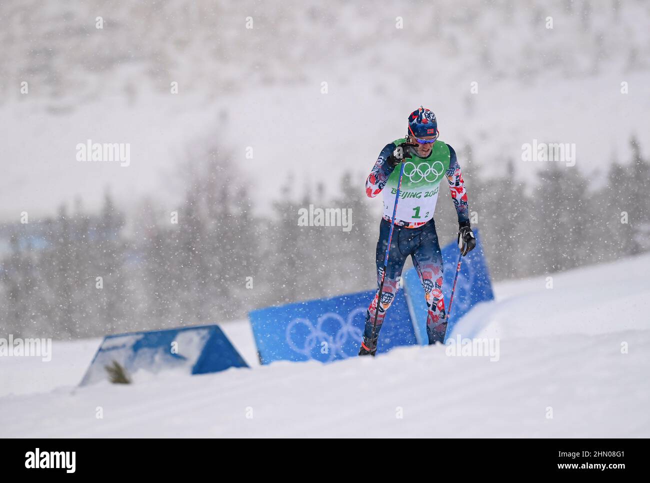Zhangjiakou, China's Hebei Province. 13th Feb, 2022. Paal Golberg of Norway competes during the cross-country skiing men's 4x10 km relay of the Beijing Winter Olympics at National Cross-Country Skiing Centre in Zhangjiakou, north China's Hebei Province, Feb. 13, 2022. Credit: Hu Huhu/Xinhua/Alamy Live News Stock Photo