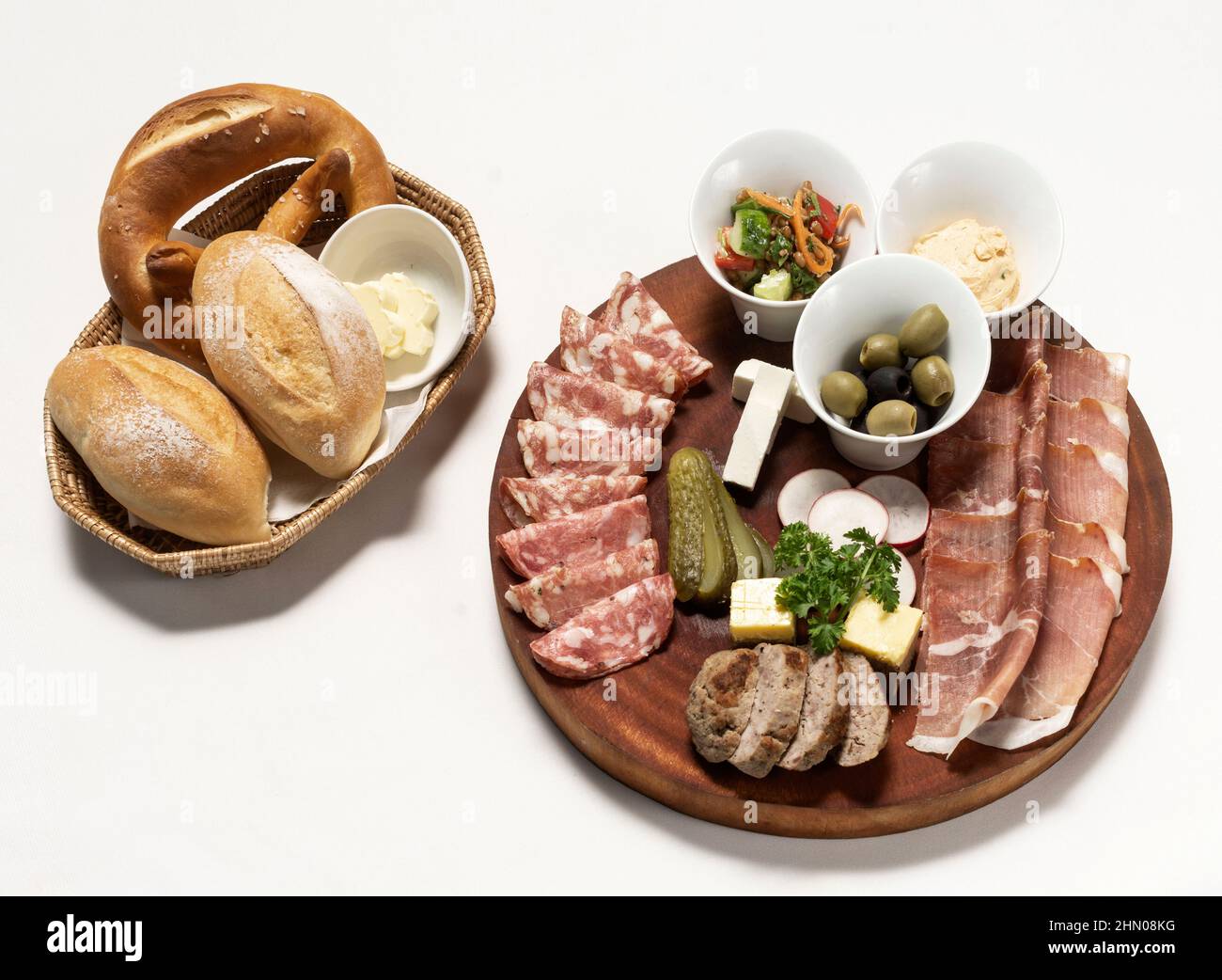 Brotzeit cold cuts meat tapas sharing platter on white background Stock Photo