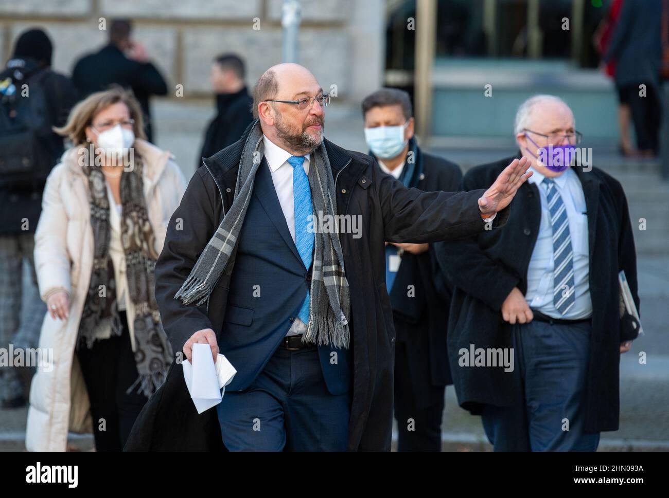 Berlin, Germany. 13th Feb, 2022. Martin Schulz (SPD) arrives at the Paul Löbe House for the election of the Federal President by the Federal Assembly. Credit: Christophe Gateau/dpa/Alamy Live News Stock Photo