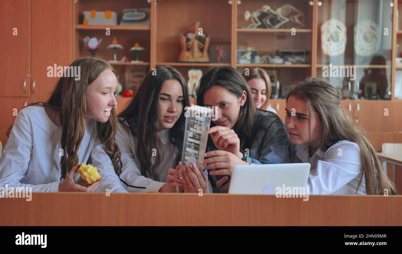 Schoolgirls friends working together in class with a laptop and eating ...