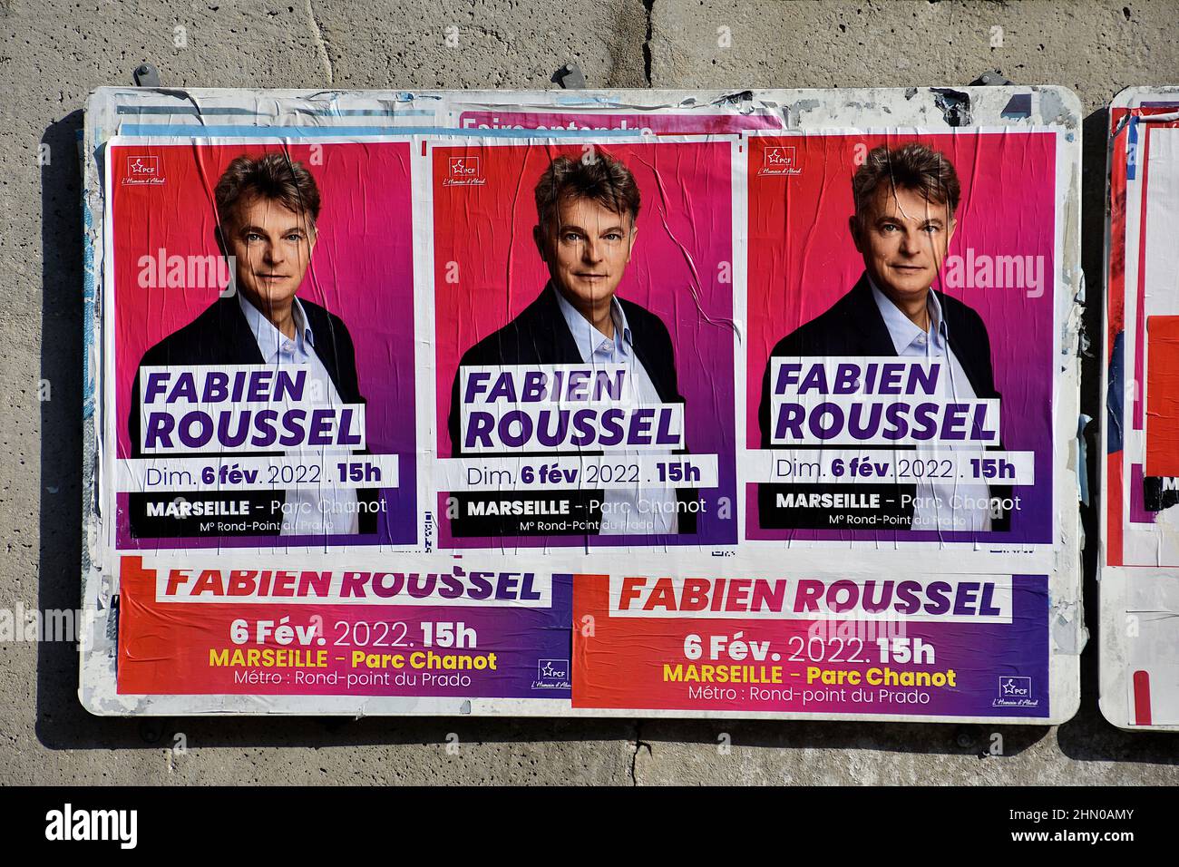 Marseille, France. 12th Feb, 2022. Campaign posters of Fabien Roussel candidate for the French presidential elections of 2022 are seen on display ahead of the elections Credit: SOPA Images Limited/Alamy Live News Stock Photo