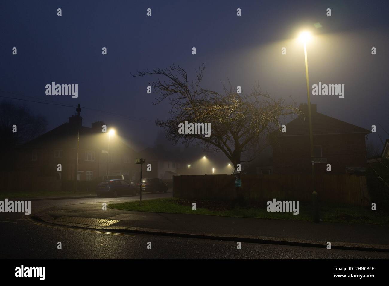 North London residential street in early morning fog, London UK Stock ...