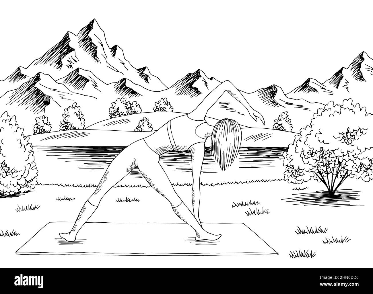 Woman practicing yoga in park graphic black white landscape sketch illustration vector Stock Vector
