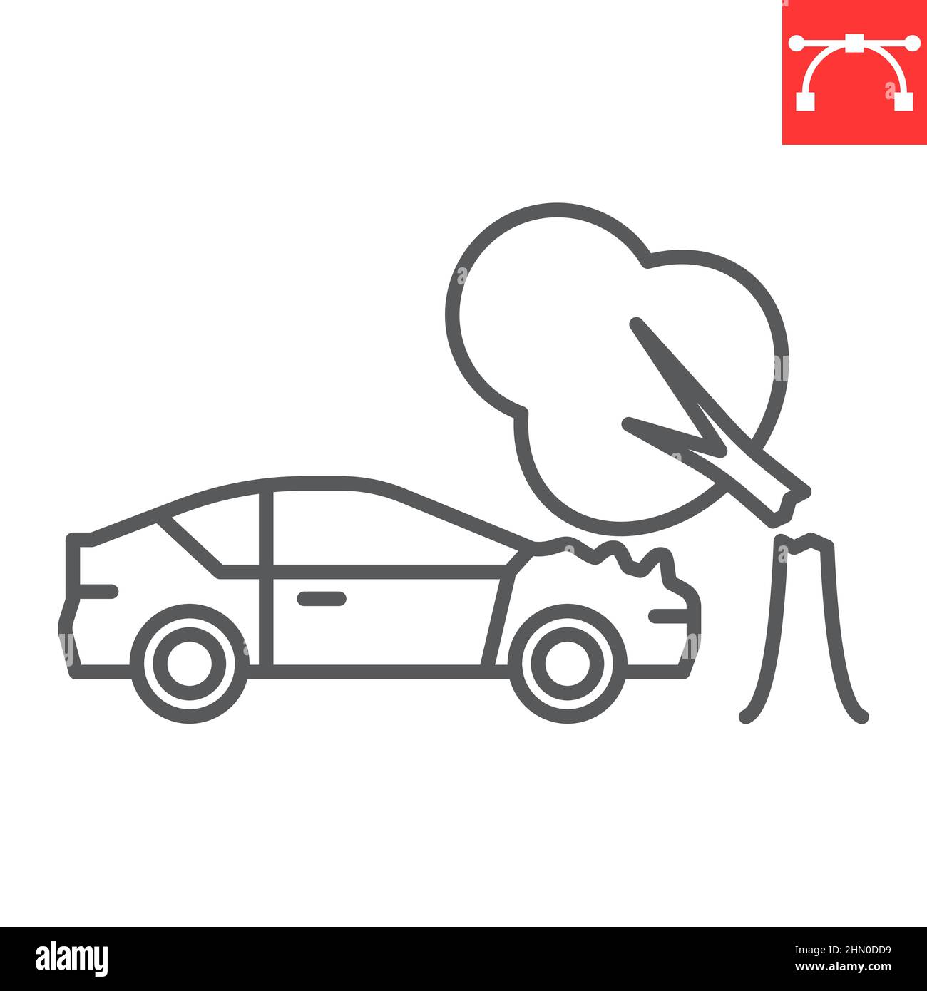 Tree falling on car line icon, insurance and crash, tree falling on