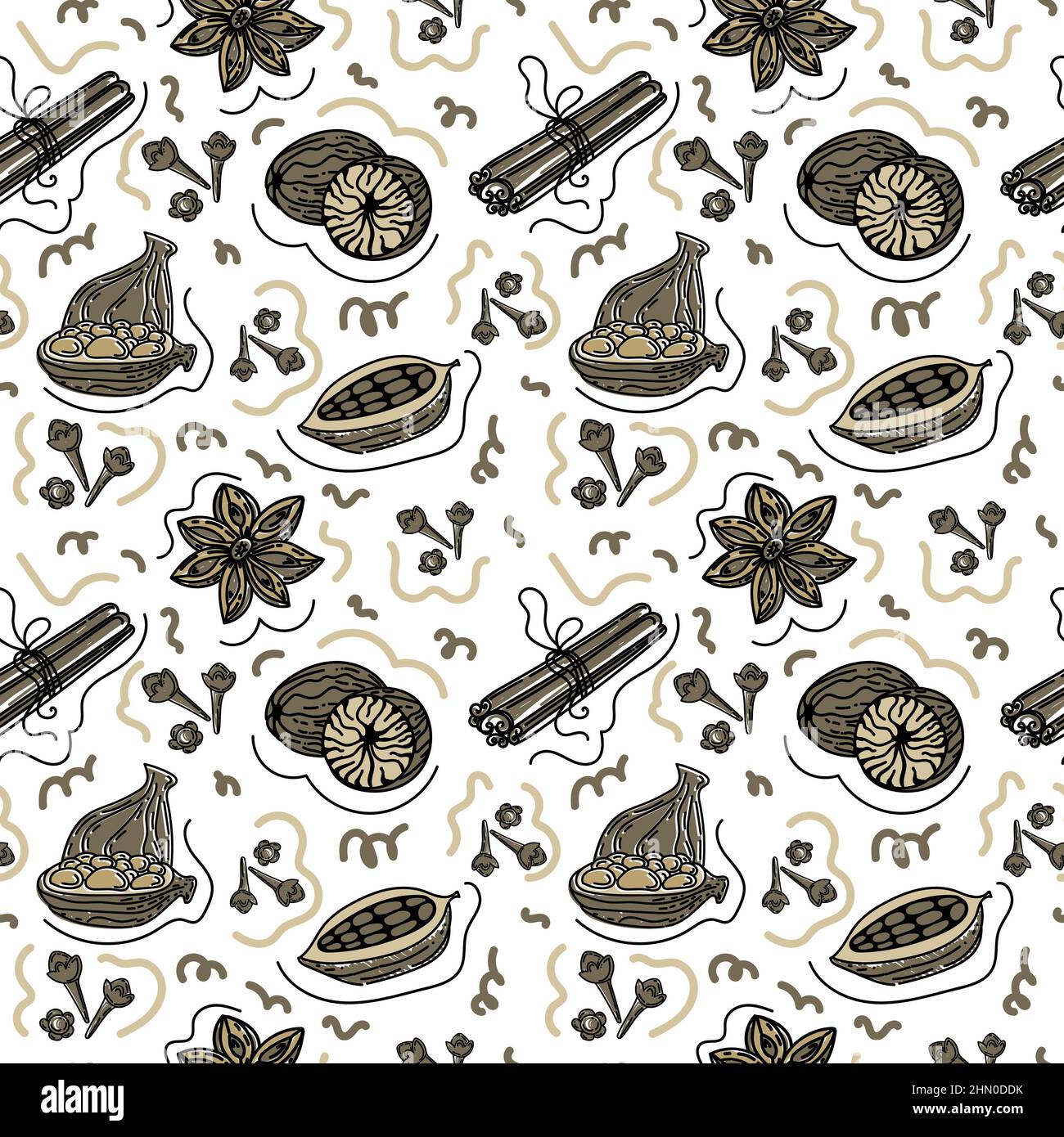 Seamless spice pattern, drawn element in doodle style. Christmas. Spices for mulled wine. Herbs and spices. Linear style pattern and warm chocolate pa Stock Vector