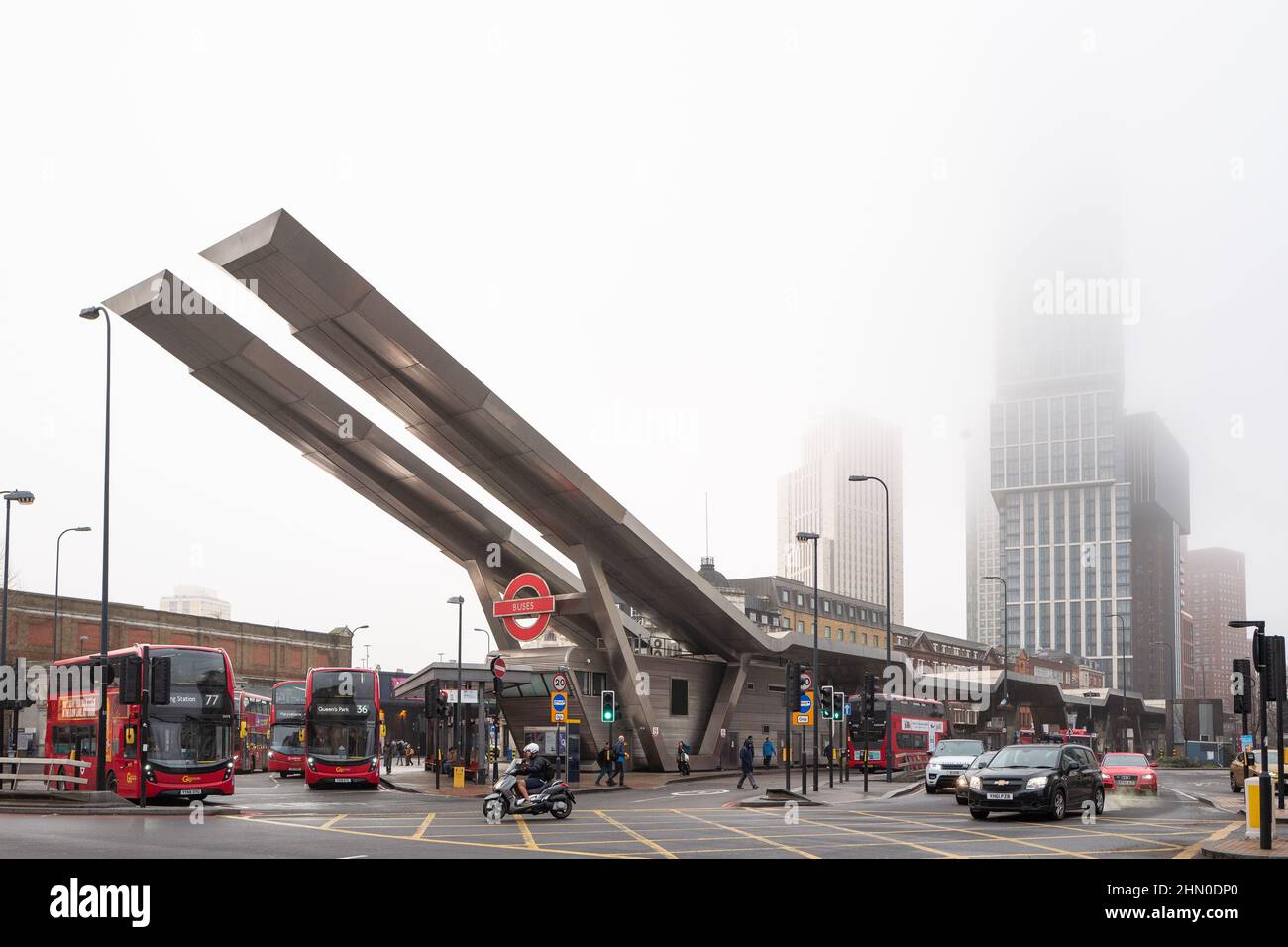 Vauxhall bus station London on a damp and misty morning. Vauxhall bus station is adjacent to Vauxhall Bridge on the River Thames Stock Photo