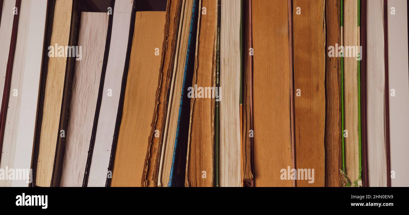 Old books on the bookshelf. Books on the shelves in the library Stock