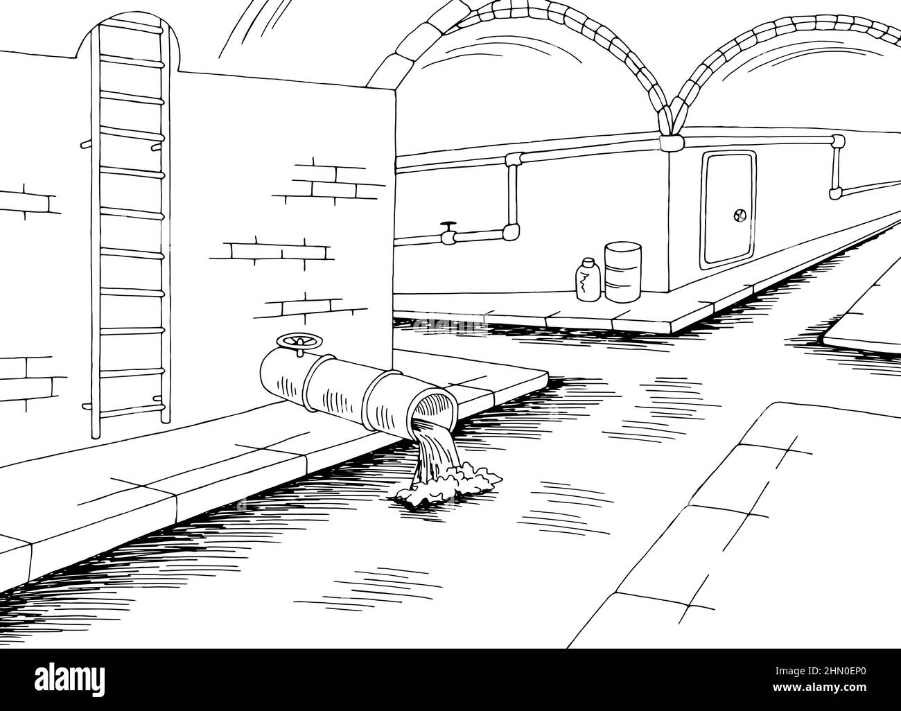 Sewerage tunnel pipe system black white interior sketch illustration vector Stock Vector