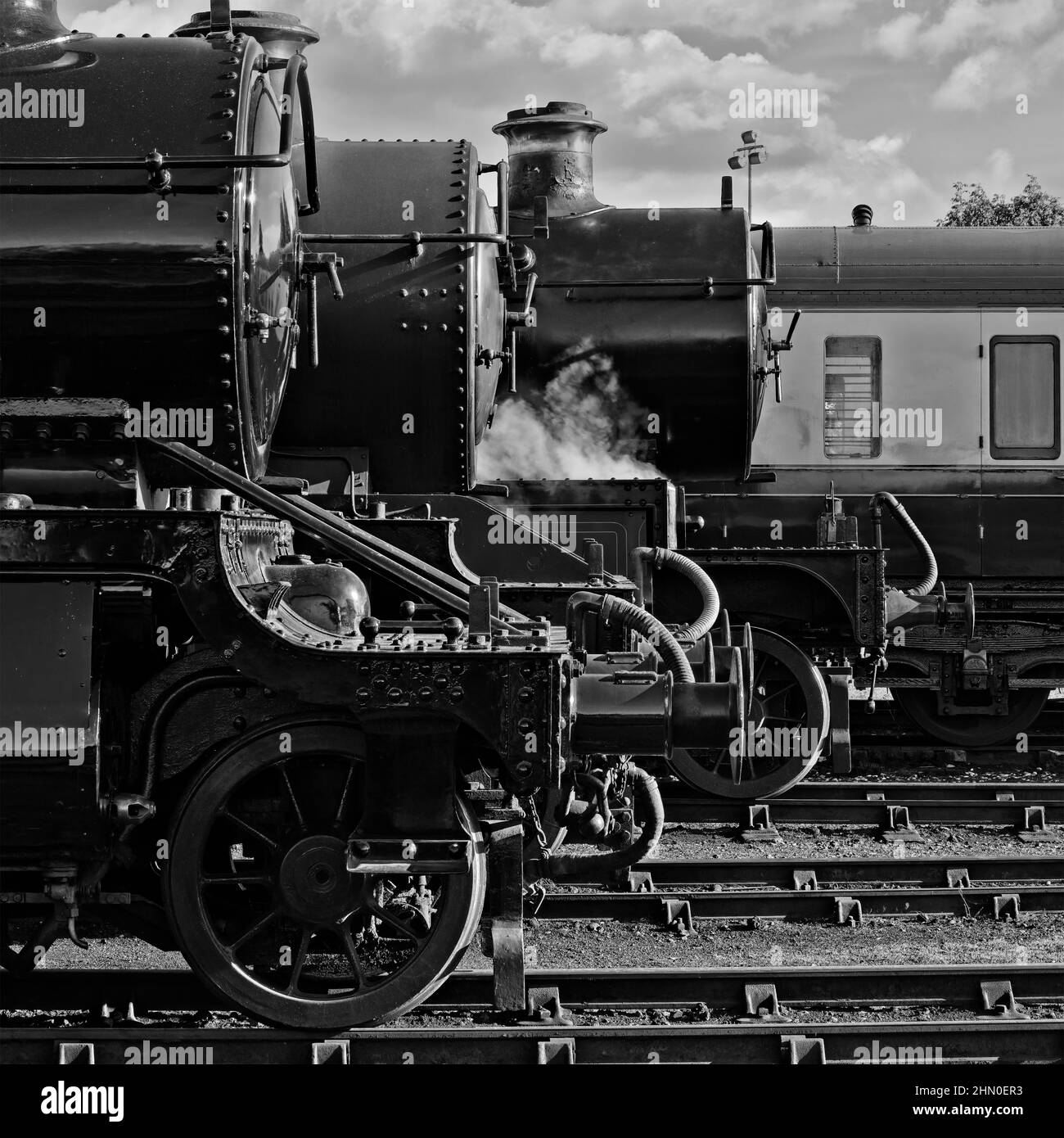 Three steam and coach at Didcot Railway Centre, Oxford, UK Stock Photo