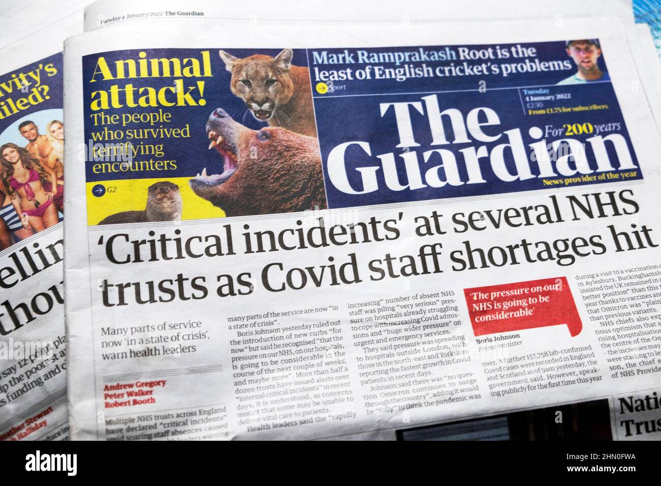 'Critical incidents' at several NHS trusts as Covid staff shortages hit' Guardian front page newspaper headline on 3 January 2022  London England UK Stock Photo