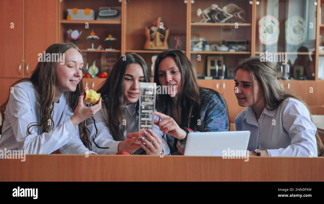 Schoolgirls friends working together in class with a laptop and eating ...
