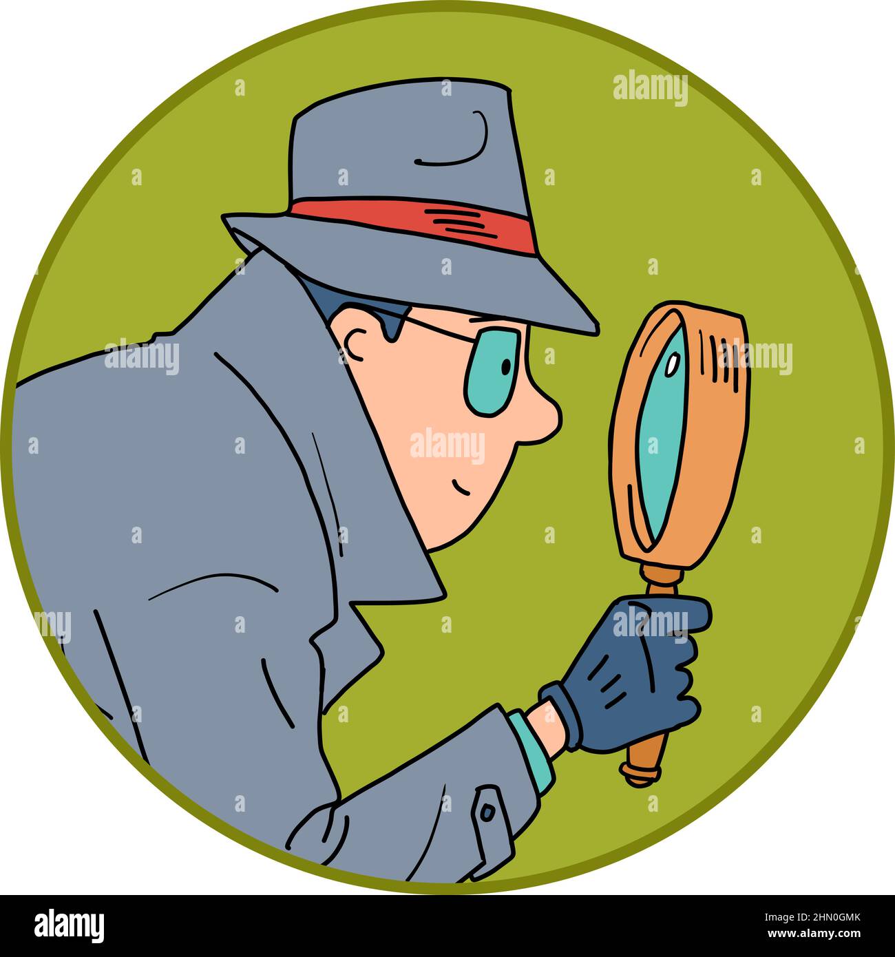 Detective and Magnifying glass, icon. a private detective, a man in a coat, hat and glasses Stock Vector