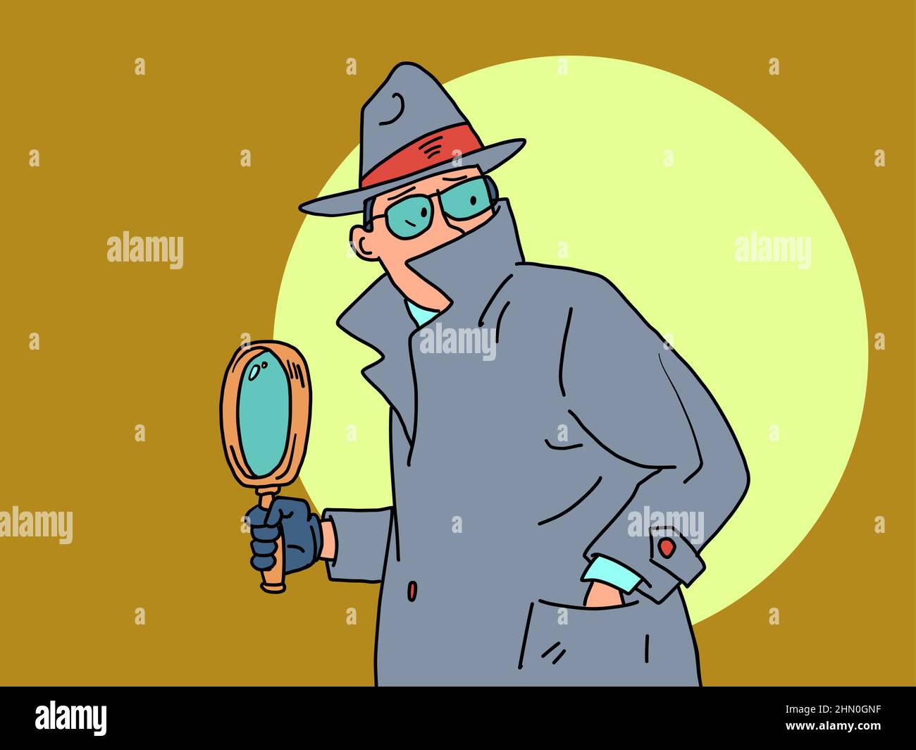 Detective and Magnifying Glass. a private detective, a man in a coat, hat and glasses Stock Vector