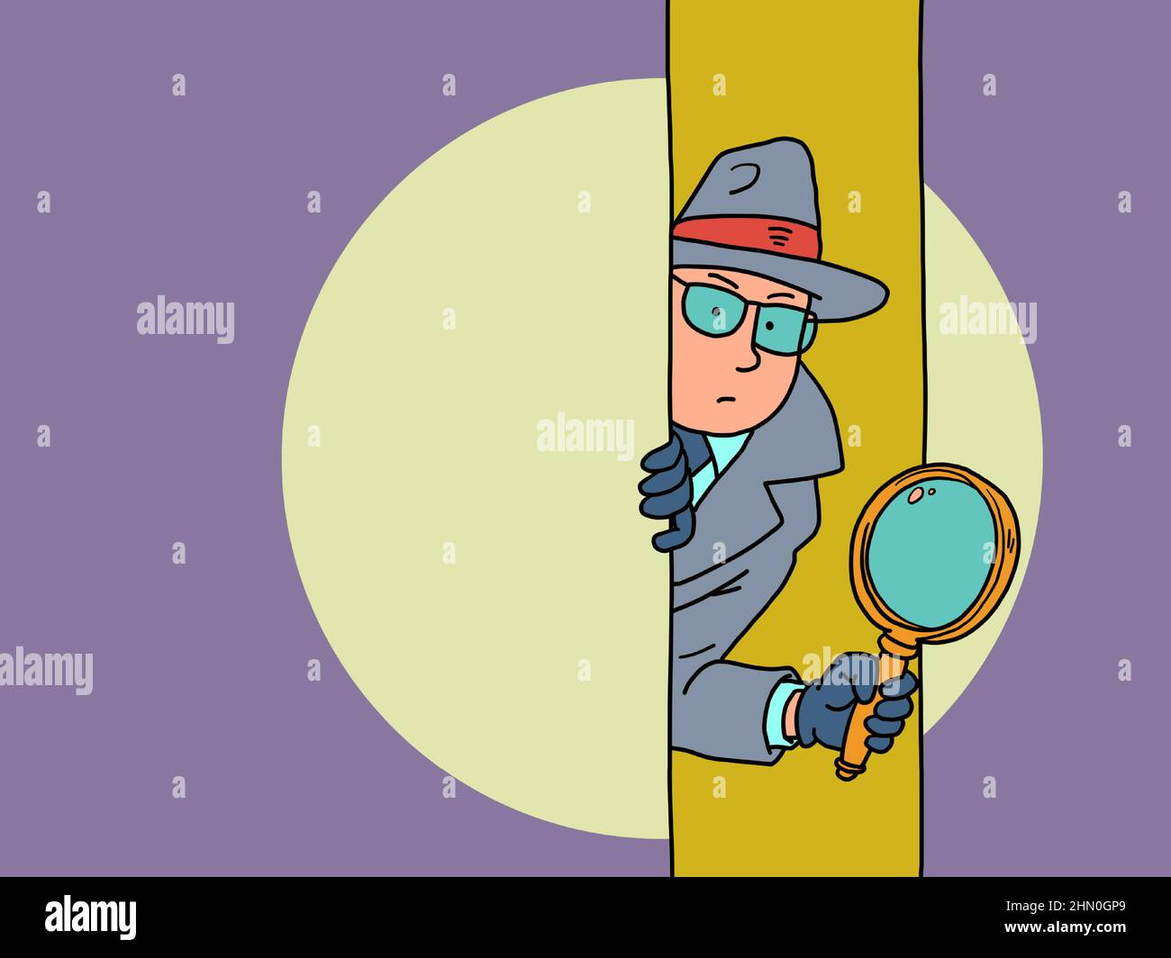 The detective looks out with a magnifying glass from behind the door, a man in a coat, hat and glasses Stock Vector