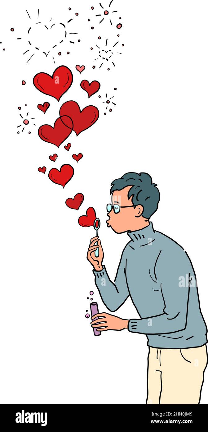 A young man in love blows out red hearts like soap bubbles Stock Vector