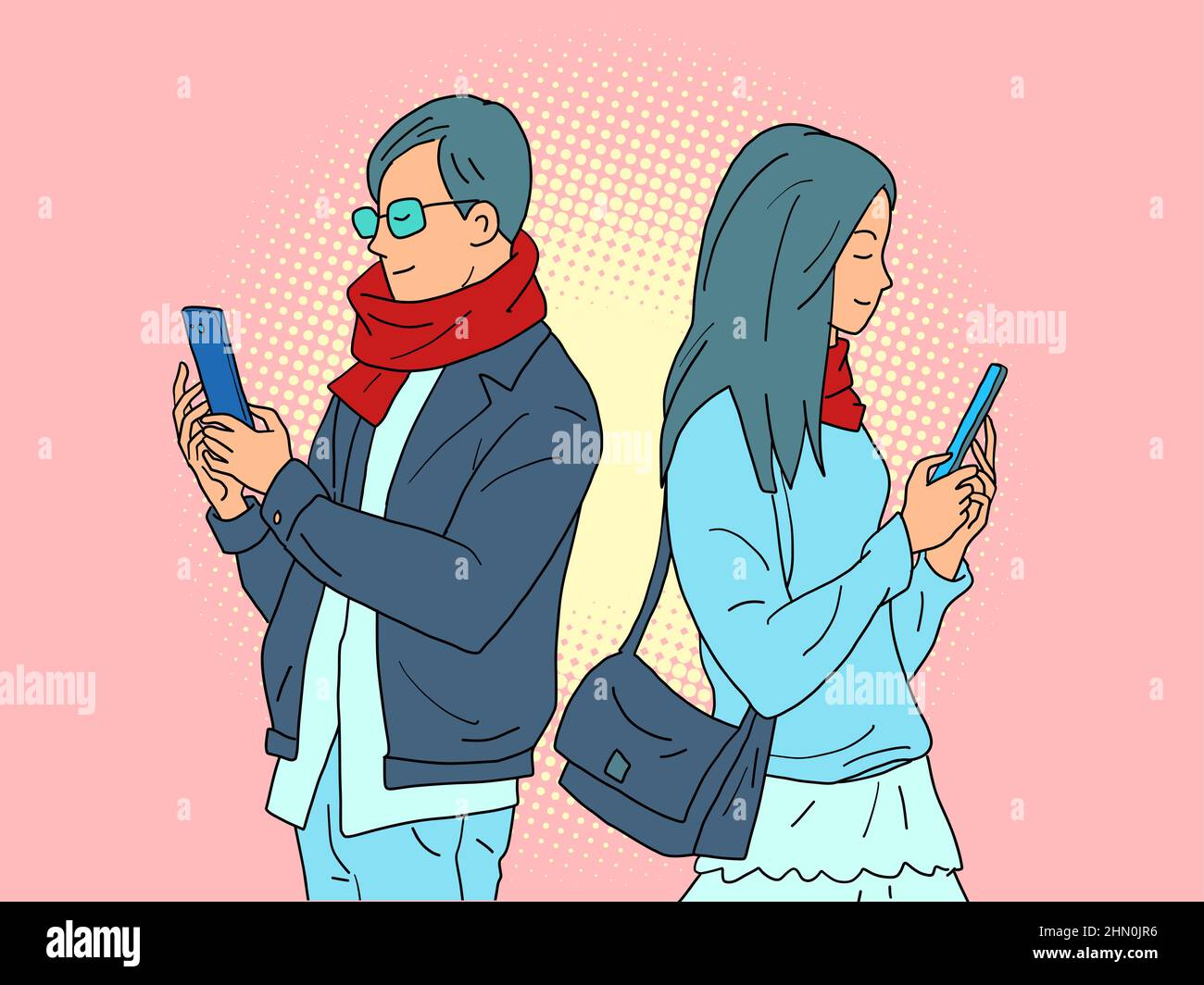a couple of a man and a woman with phones, dependence on online social networks Stock Vector