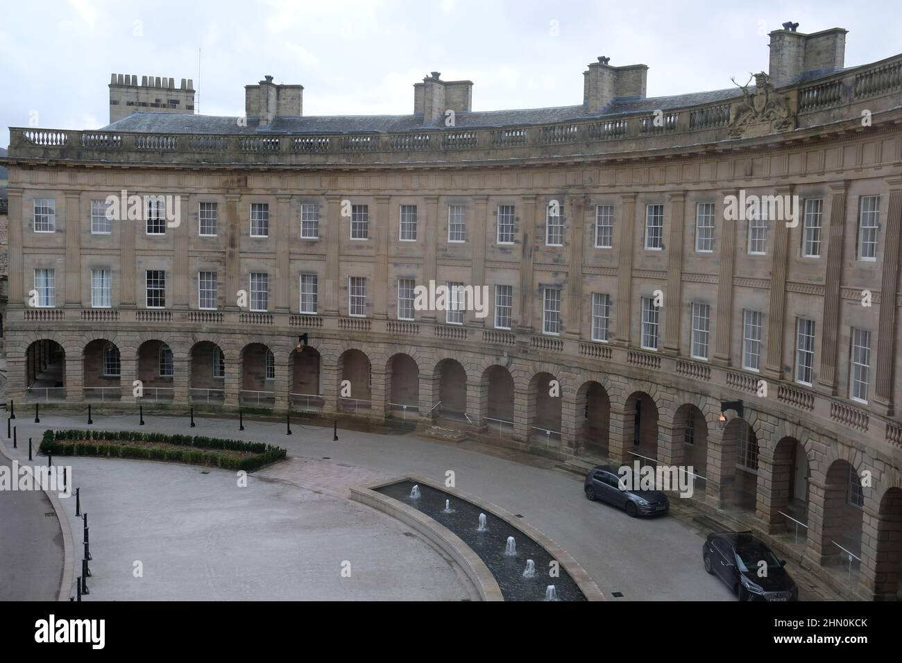 Buxton Crescent Ensana Hotel, Georgian building reopened in 2020 as luxury hotel and spa after many years of restoration work. View from hotel room. Stock Photo