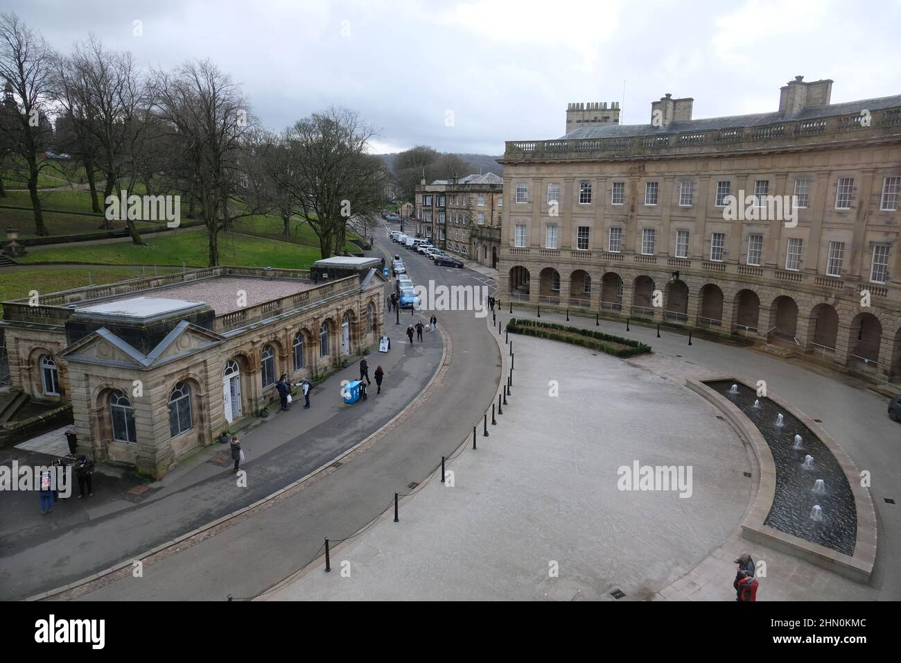 Buxton Crescent Ensana Hotel reopened in 2020 as luxury hotel and spa after many years of restoration work. View from hotel room with Pump Room. Stock Photo