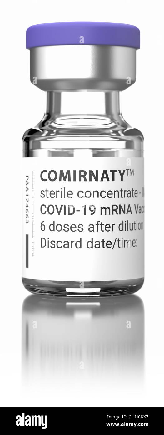 A bottle of the Covid-19 vaccine Comirnaty by BioNTech / Pfizer isolated on white. 3d render Stock Photo