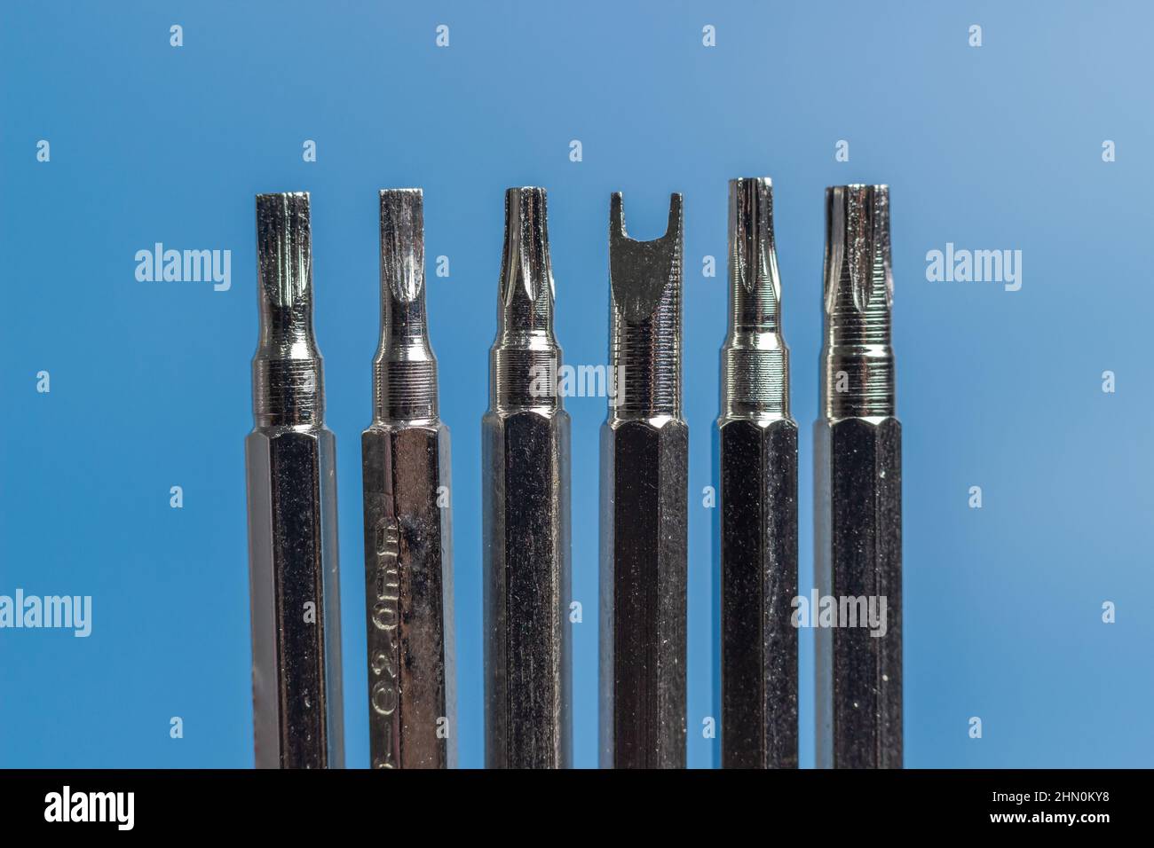 A set of long bits for a screwdriver. Different form, Six Variations