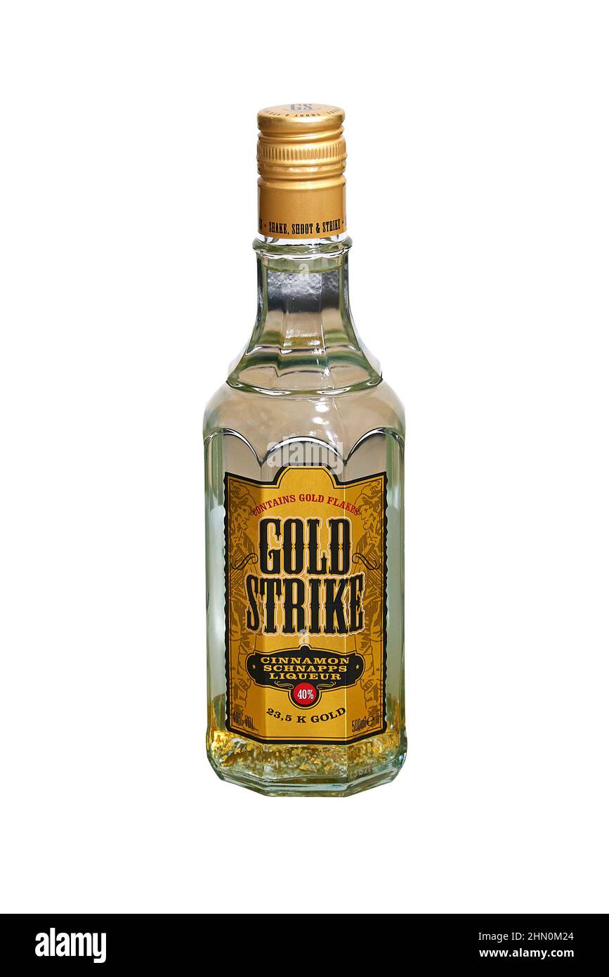 Brussels, Belgium 12 February 2022; Bottle of Gold Strike. Spirits