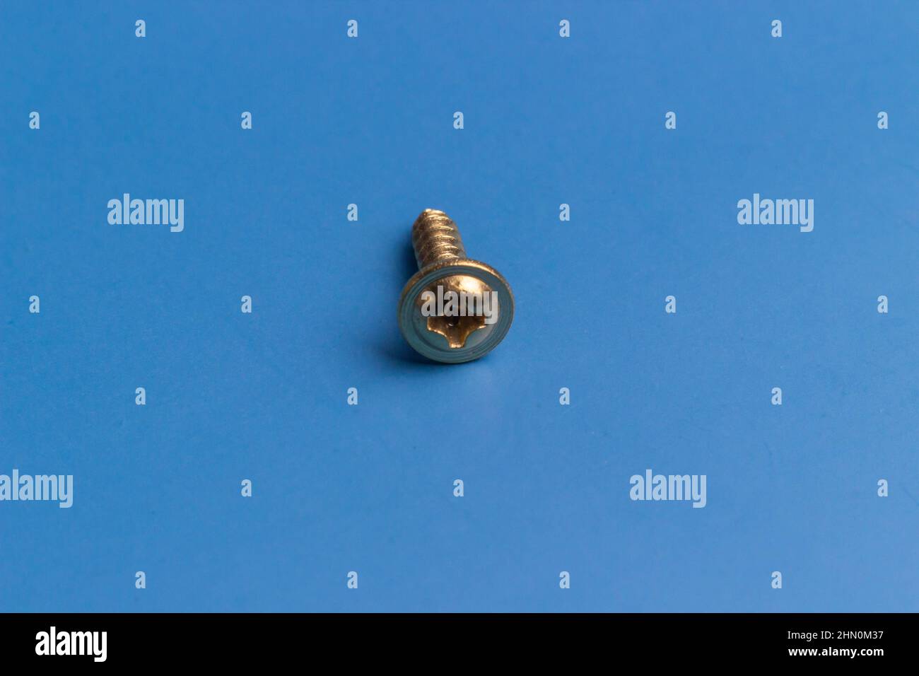 A lone screw isolated on a blue background, solitude Stock Photo