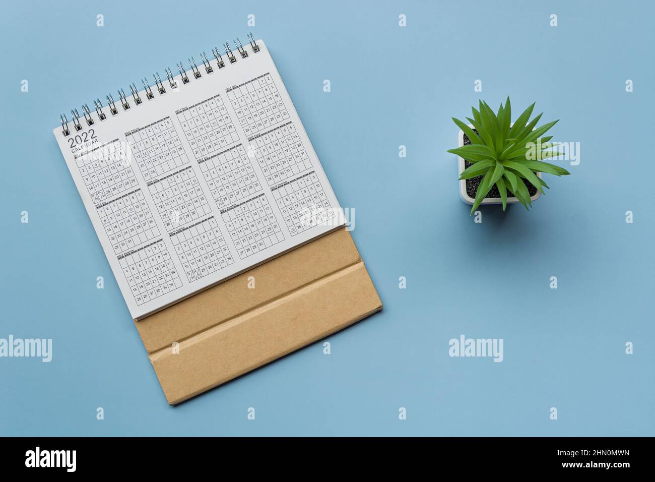 2022 white calendar with potted plant on blue background. Directly ...