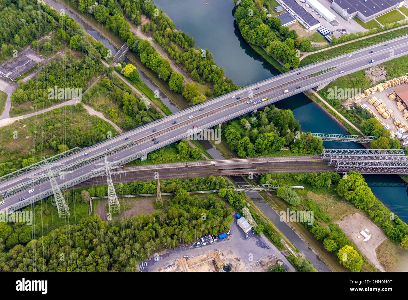 Aerial view, Emschertal Bridge, A43 motorway bridge under stress test, Emscher, dilapidated transport infrastructure, Rhine-Herne Canal, Baukau, Herne Stock Photo