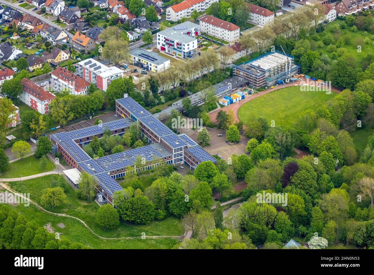 Aerial photograph, Otto-Hahn-Gymnasium with construction site indoor swimming pool, Sodingen, Herne, Ruhr area, North Rhine-Westphalia, Germany, const Stock Photo
