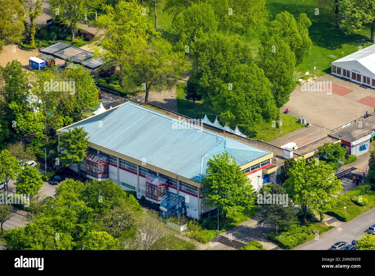Aerial photo, current vaccination centre in the sports hall at Revierpark Gysenberg, Börnig, Herne, Ruhr area, North Rhine-Westphalia, Germany, Corona Stock Photo
