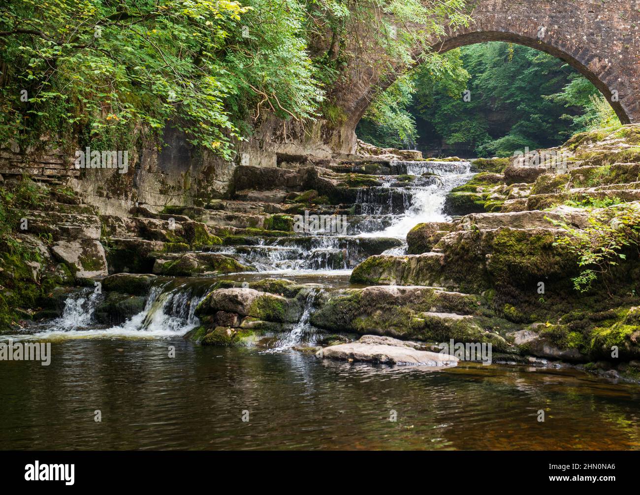 Summer view of Walden Beck at West Burton, Yorkshire Dales, with the stream passing under a packhorse bridge and cascading down limestone steps Stock Photo