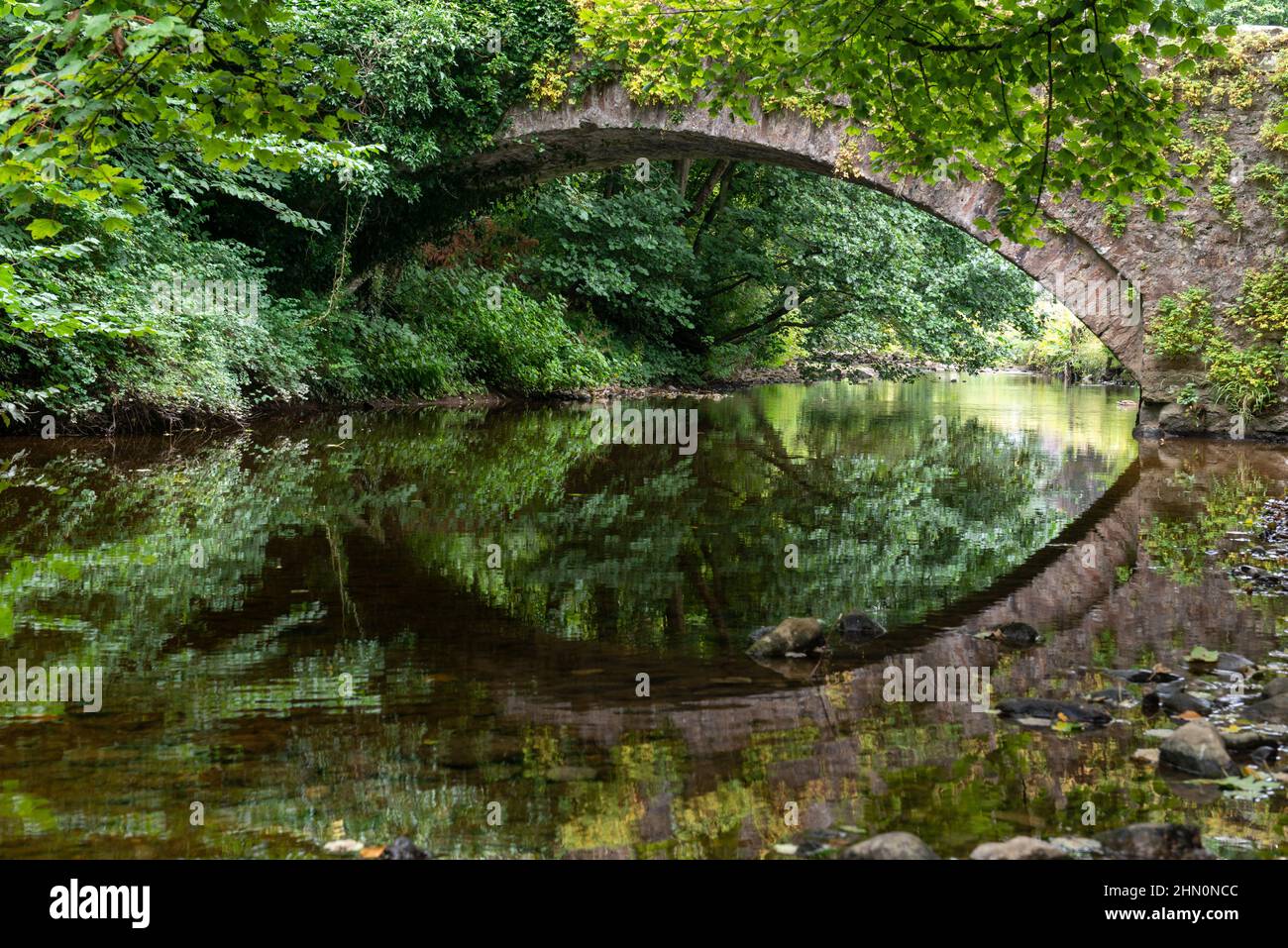 Summer view of a packhorse bridge over Walden Beck in West Burton with the stone arch reflected in the calm waters of the stream Stock Photo