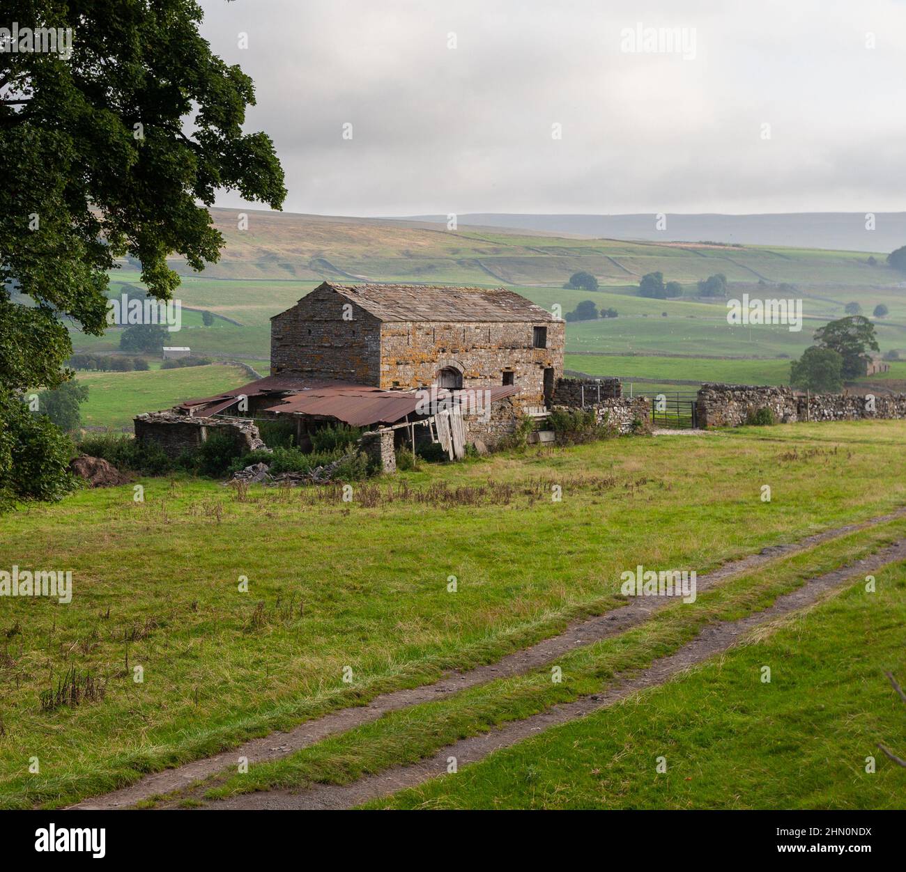 A typical Yorkshire Dales stone field barn, meadows and hills near Hawes in Wensleydale Stock Photo