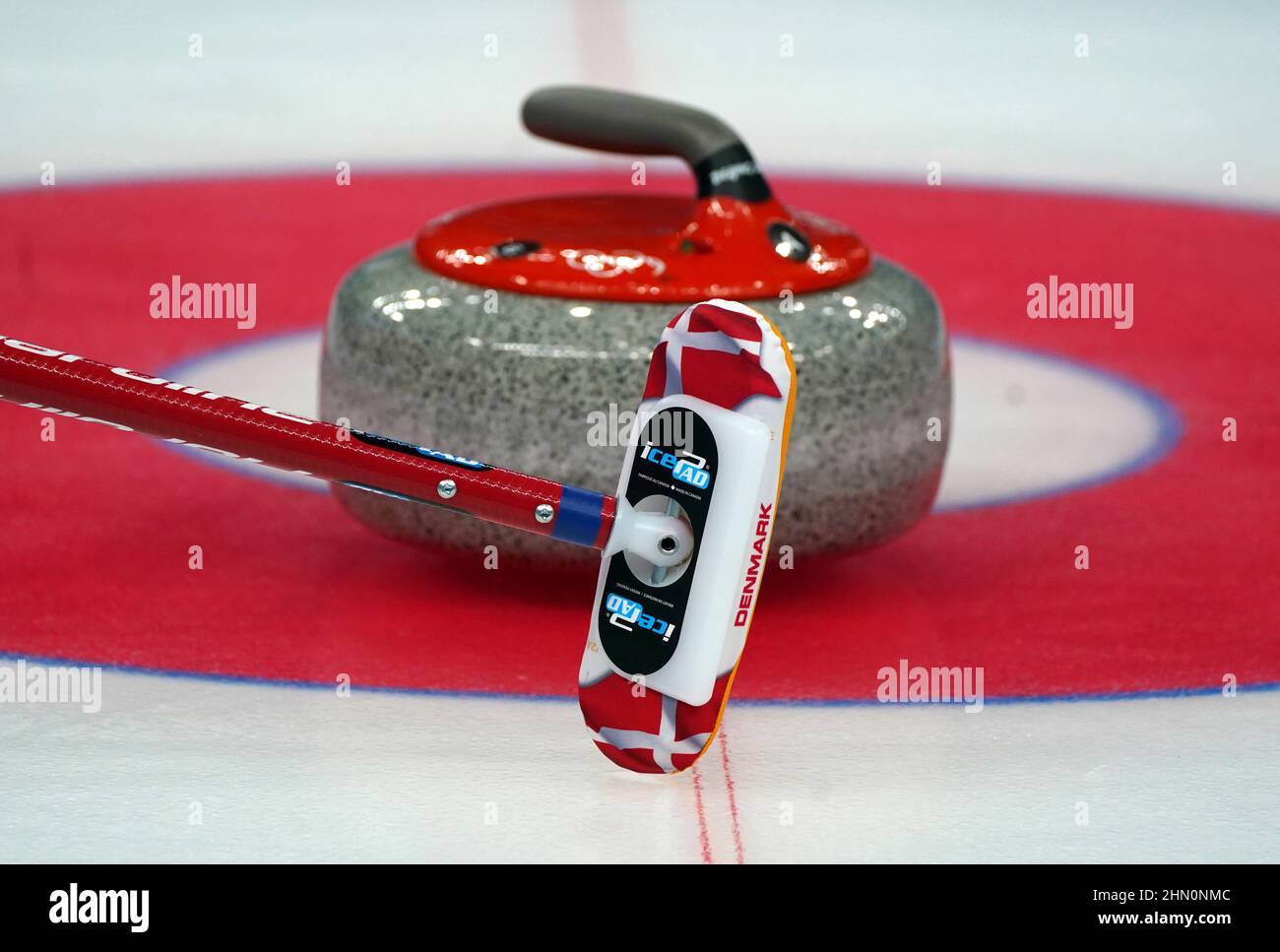 A general view of a Denmark branded Curling broom and stone during day nine of the Beijing 2022