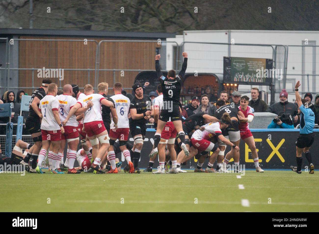 Ivan Van Zyl #9 of Saracens celebrates after  Tom Woolstencroft #2 of Saracens score the first try of the game in London, United Kingdom on 3/13/2021. (Photo by Richard Washbrooke/News Images/Sipa USA) Stock Photo