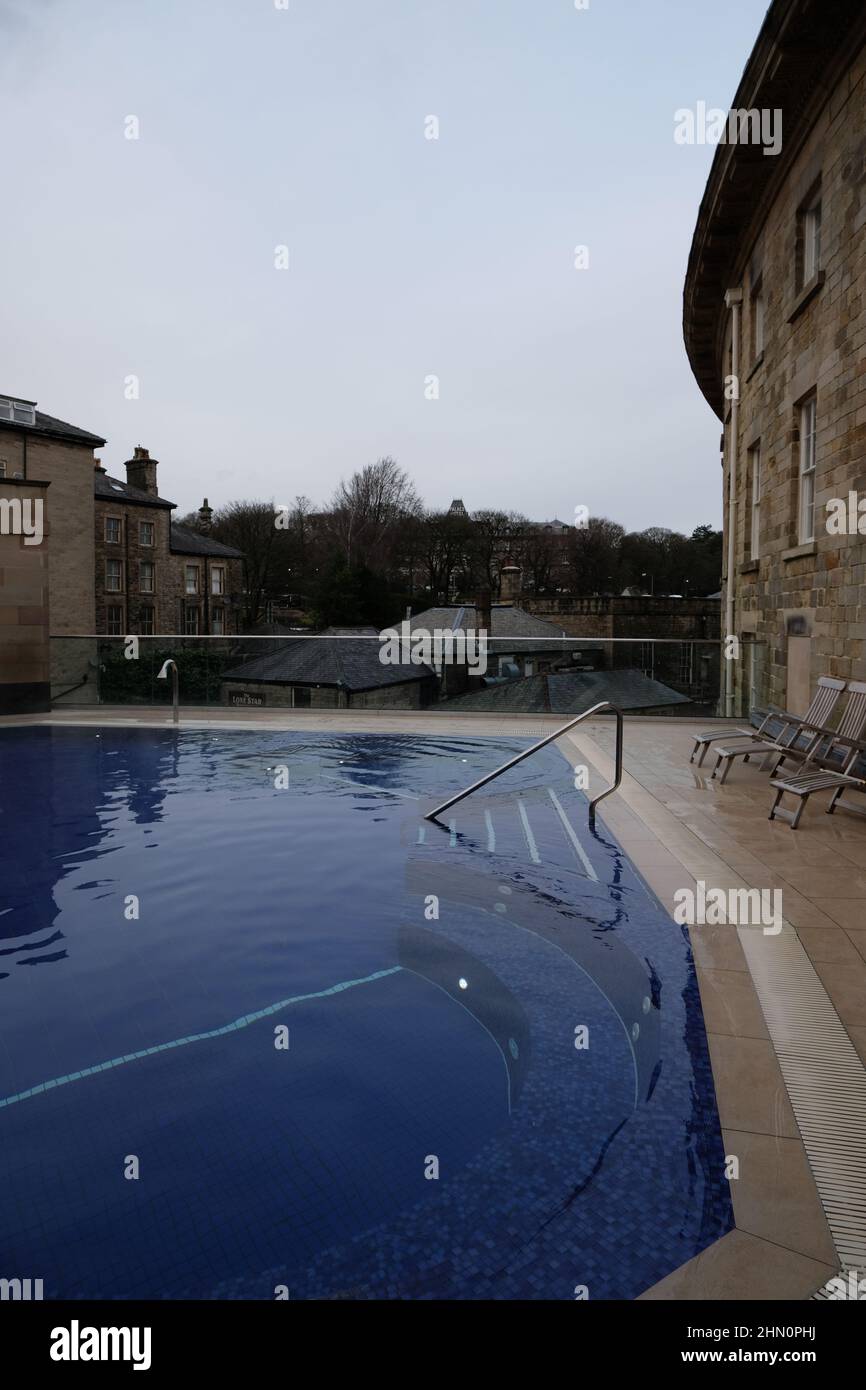 Buxton Crescent Ensana Hotel, Georgian building reopened in 2020 as luxury hotel and spa after many years of restoration work. The rooftop pool. Stock Photo