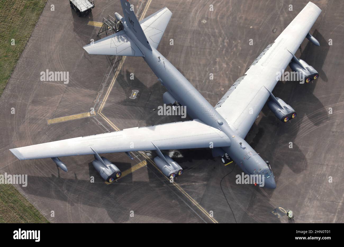 Aerial photograph of USAF Boeing B-52 soon after the arrival of 4 bombers at RAF Fairford near Cirencester in the U.K. as tension in Ukraine mounts. Stock Photo