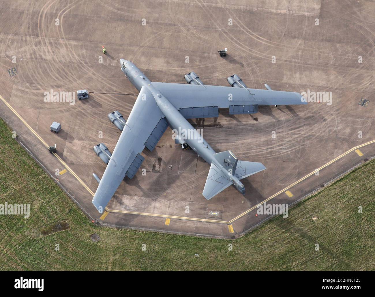 Aerial photograph of USAF Boeing B-52 soon after the arrival of 4 bombers at RAF Fairford near Cirencester in the U.K. as tension in Ukraine mounts. Stock Photo