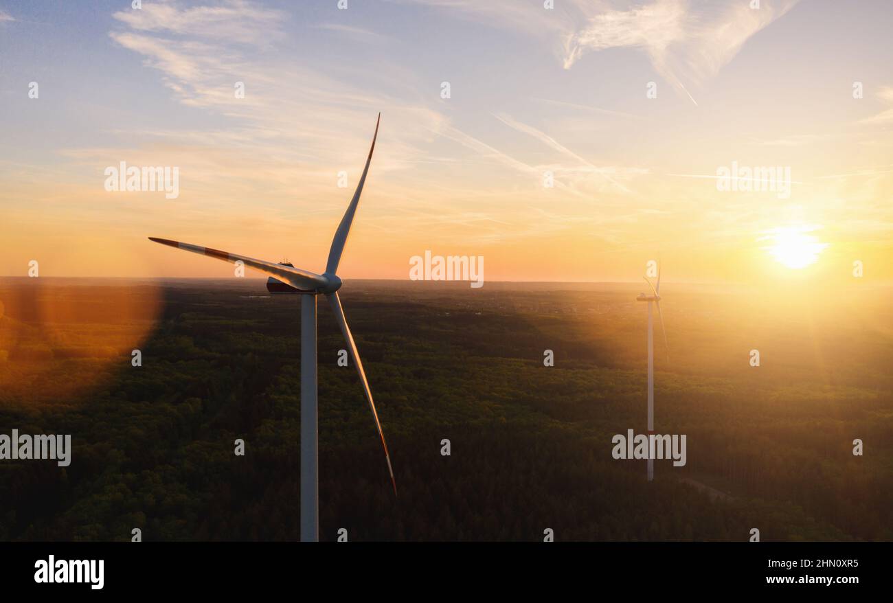 Wind Turbine in the sunset seen from an aerial view Stock Photo - Alamy