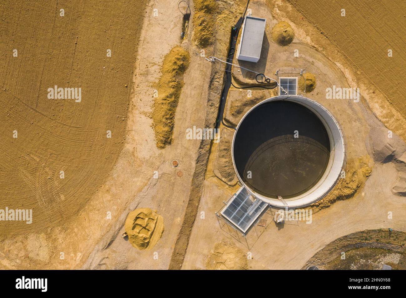 Top down aerial drone image of a sewage treatment (water reclamation) plant Building site Stock Photo