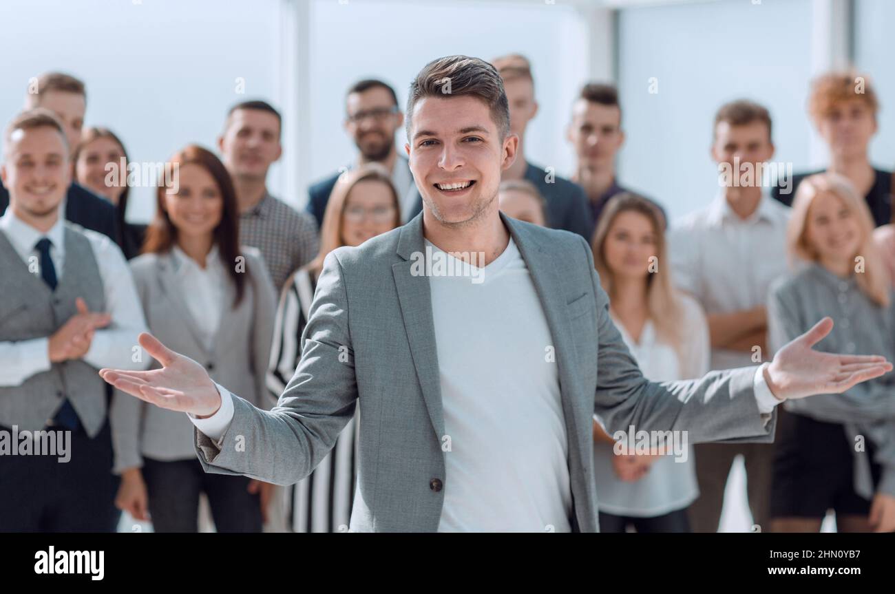 confident Manager standing at the front of the business team Stock ...