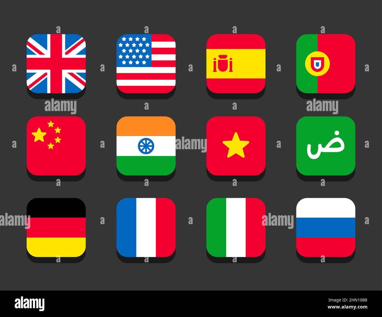Popular languages icon set. Country flags in simple flat vector style. Stock Vector